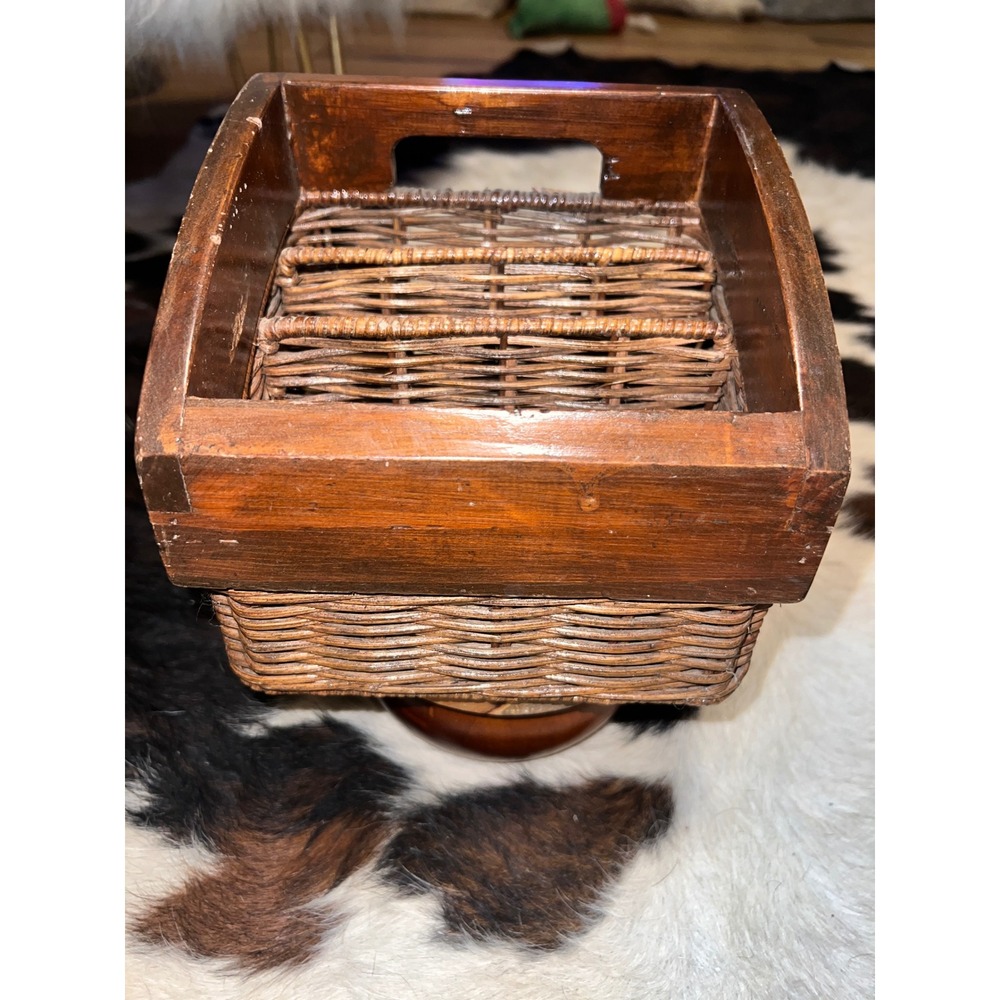 Vintage Wood and Woven Wicker Desk Organizer Letter Mail Holder 3 Slot Brown